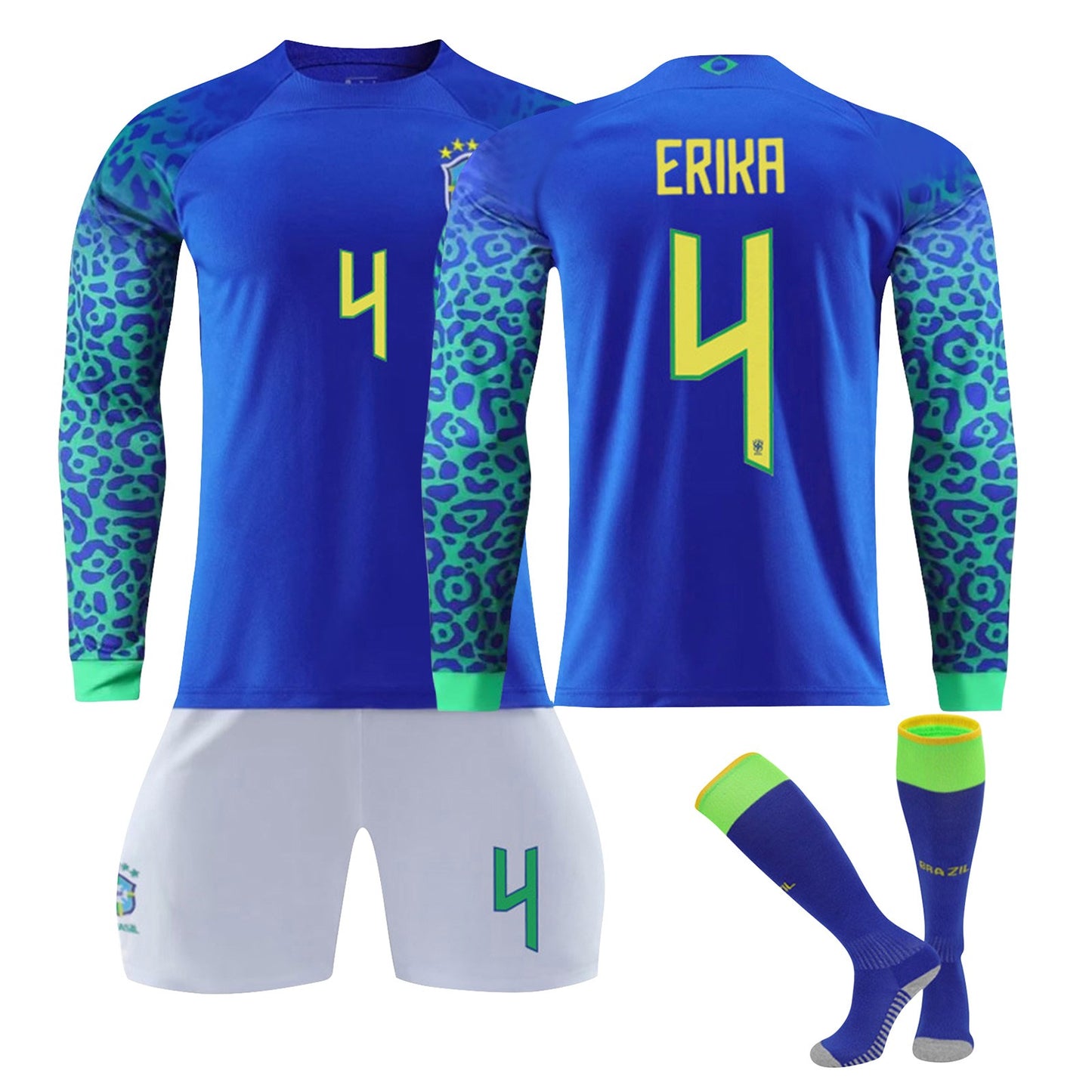 22-23 Brazil Canarinho Soccer Team Fan Long Sleeve Jersey 3 Pieces Set, Away Game Printed Jerseys Shorts Socks Set