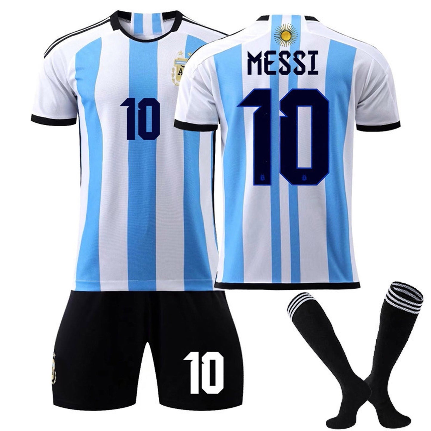 22-23 No.10 MESSI Argentina Soccer Team Home Jersey 3 Piece Set, Unisex Soccer Training Kit Printed Jersey Shorts Black Socks Set