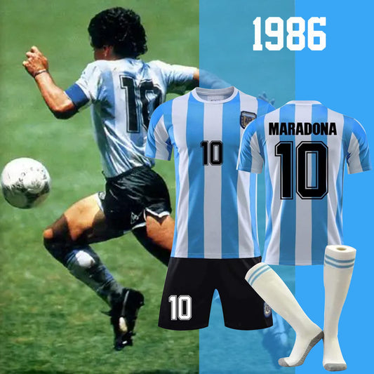 1986 #10 MARADONA Argentina vintage Soccer Team Home Jersey 3 Piece Set, Soccer Training Kit Printed Jersey Shorts Socks Sets