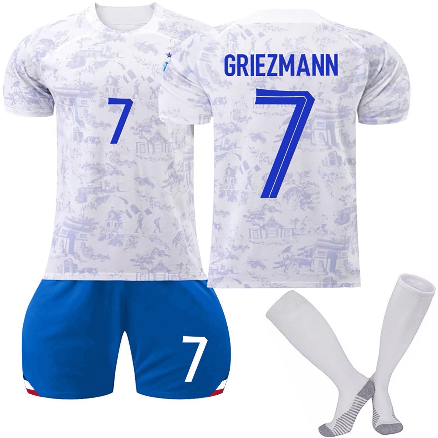 22-23 Season France Away National Football Team Jersey 3 Piece Set, Soccer Training Kit Printed Jersey Shorts Socks Set