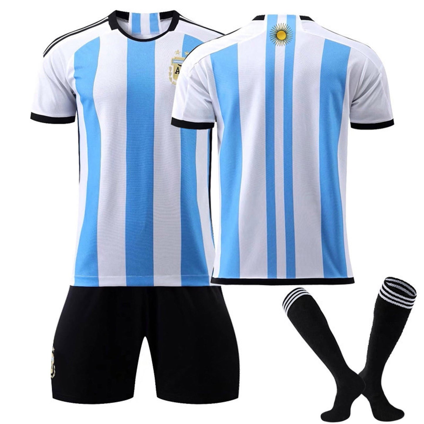 22-23 No.10 MESSI Argentina Soccer Team Home Jersey 3 Piece Set, Unisex Soccer Training Kit Printed Jersey Shorts Black Socks Set