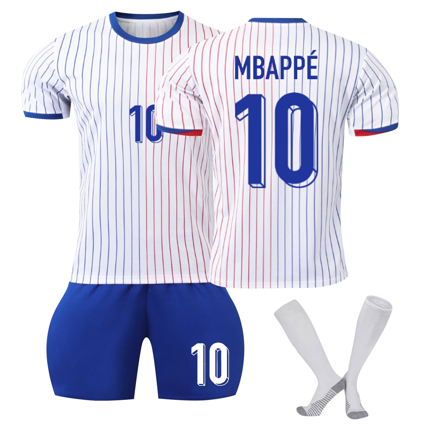 24-25 France Away Jersey 3 Piece Set White Socks with Striped Bottoms, Soccer Training Kit Printed Jersey Shorts Socks Set