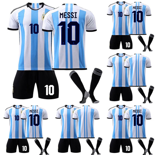 22-23 No.10 MESSI Argentina Soccer Team Home Jersey 3 Piece Set, Unisex Soccer Training Kit Printed Jersey Shorts Black Socks Set